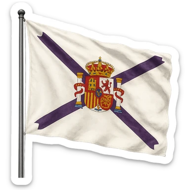 realistic illustration of the bandera de la hispanidad, white flag with purple cross and detailed coat of arms in the center, transparent background sticker