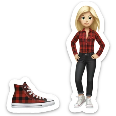 Blonde girl in white platform converse and black pants with red plaid shirt sticker