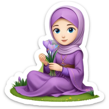 Turkish beautiful finish Konya girl blue eyes with crocus flower hijab long tail dress and sits on the grass on the ground and hold crocus flower on hand  sticker