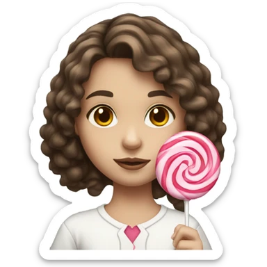 White pale young girl with fluffy brunette hair and brown eyes holding a lollipop  sticker