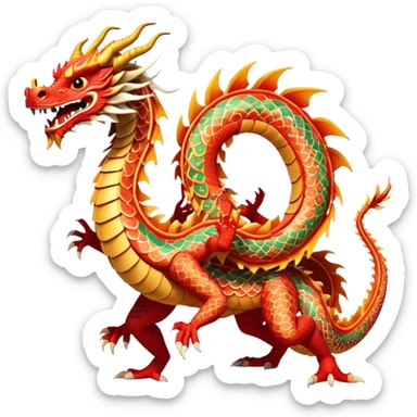 Cinematic Realistic scene of two performers guiding an elaborately designed dragon costume during a Dragon Dance, with vivid traditional patterns and dynamic motion, set under festive, red-tinged lighting sticker