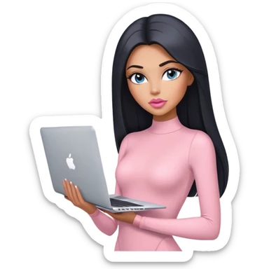 Glamours, tanned, very beautiful girl, with big pump peach-beige-rose lips, black straight smooth silky long hair, straight parting, blue-grey eyes, in light-pink bodysuit holding MacBook sticker