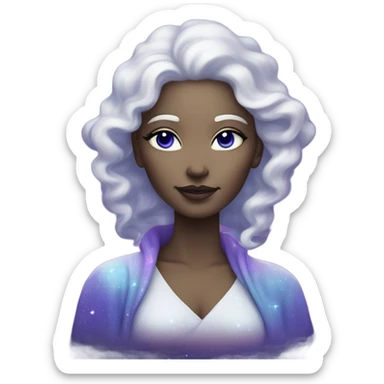white skinned mystical woman with sparkling galaxy hair with moon and stars in purple and blue shades sticker
