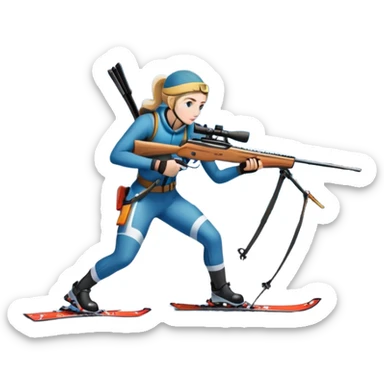An icon showing a snowy landscape with pine trees, mountains, and a clear sky with a biathlete aiming a rifle in the foreground, wearing winter gear and skis. Transparent background emphasizes the precision, endurance, and beauty of this winter sport. sticker