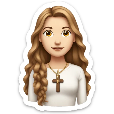 White girl, with brown long hair and a cross necklace sticker