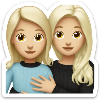 Blonde caucasian girl wearing light blue sweater ,hugging, black-haired Caucasiangirl wearing black sweater sticker