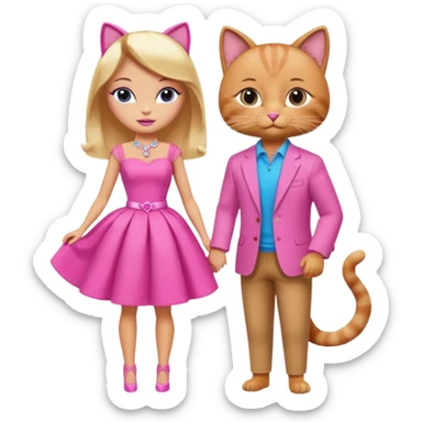 two cats together, one dressed as Barbie in pink, one as Ken in trendy clothes sticker