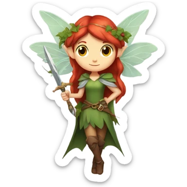 Female, forest fairy, fairy wings, pointed elf ears, red hair, vines, holding medieval sword sticker