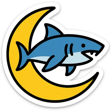 Make the shark swimming across the moon, keep the color outline icon style sticker