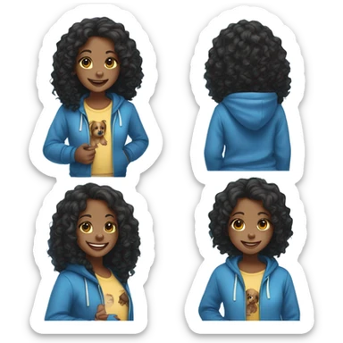 Smiling Black girl with long curly black hair wearing a blue puppy hoodie  sticker
