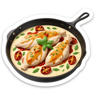 skillet with creamy Marry Me Chicken chicken breasts in rich sauce with sun-dried tomatoes and basil sticker