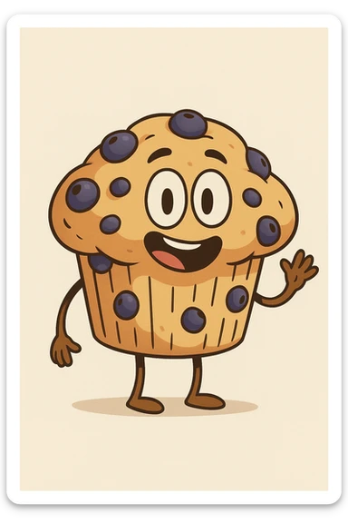 a blueberry muffin with a face and waving arm, playful, clean background sticker
