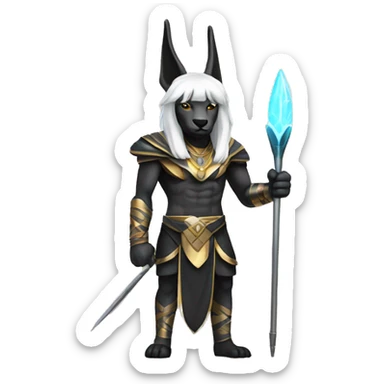 white haired, short male, anubis styled clothes, holding a spear, has electricity powers sticker