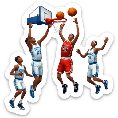 An icon featuring a basketball court with players in action, inspired by NBA 2K25. A player jumps for a dunk, with the ball mid-air. Bright lights illuminate the court, symbolizing the excitement of sports simulation games. Transparent background emphasizes the energy. sticker