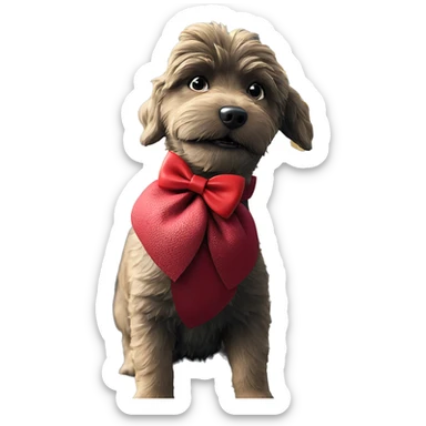 dog in focus with bow sticker