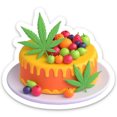 colorful frosted fruit cake with cannabis leaf on a plate sticker