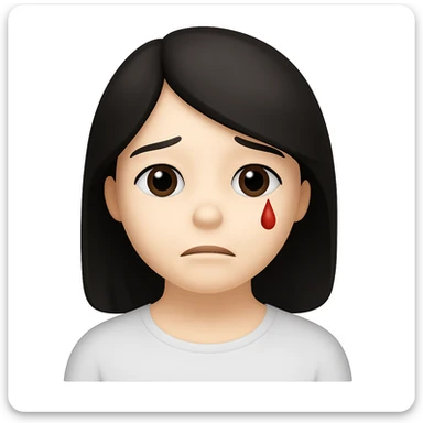 Make the character look like the official Apple emoji style. Replace the lots of blood with a single small red tear. Keep her pale skin, black straight hair, and a subtle sad expression. The style should mimic the Apple emoji style closely. sticker