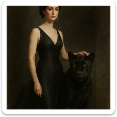 an elegant woman standing beside a panther, detailed, realistic, artistic sticker
