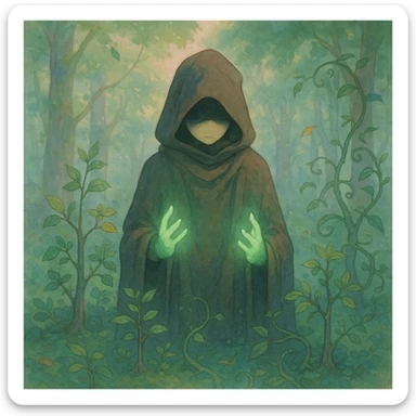 hooded figure with glowing green hands, surrounded by small trees, leaves, or vines sticker