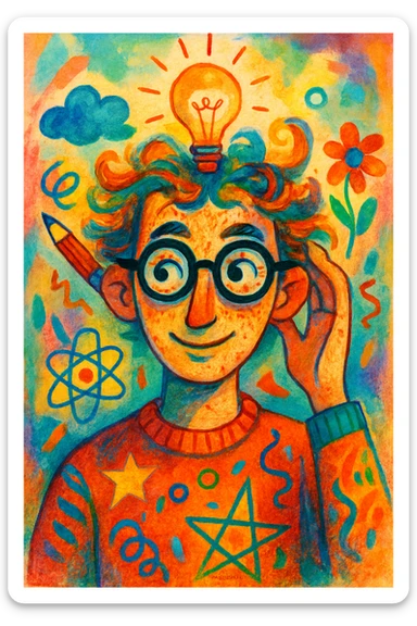 a smart person, creative artistic style, unique visual style, playful illustration style sticker