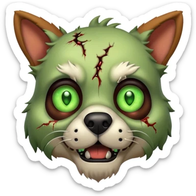 zombie dog portrait, head and shoulders only, torn fur, glowing green eyes, stitched face details, spooky but cute, 3D cartoon, mobile game icon style, clean background, no text, no watermark
 sticker