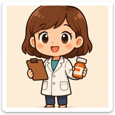 A chibi style young female pharmacist with brown hair, wearing a white coat, holding a clipboard and a pill bottle, with a bright and friendly expression, full body, cute and colorful illustration. sticker