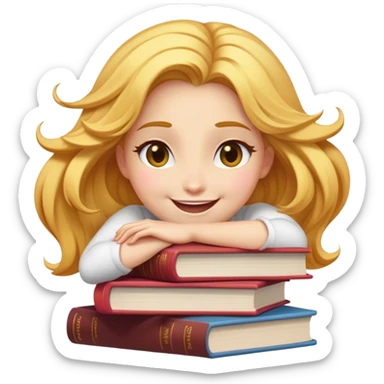 Cinematic Adorable Belle Portrait Emoji, Giggling as she hugs a stack of books, eyes twinkling with excitement, golden hair tousled slightly, a perfect mix of beauty and endearing nerdiness! sticker