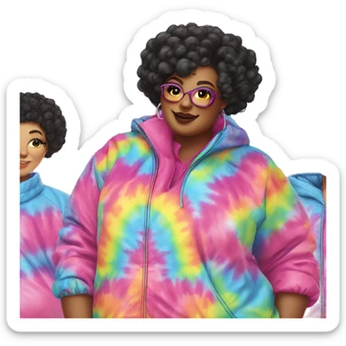 Plus size black woman with chinky eyes, pink curly pixie cut hair and a rainbow tie dye bubble jacket  sticker