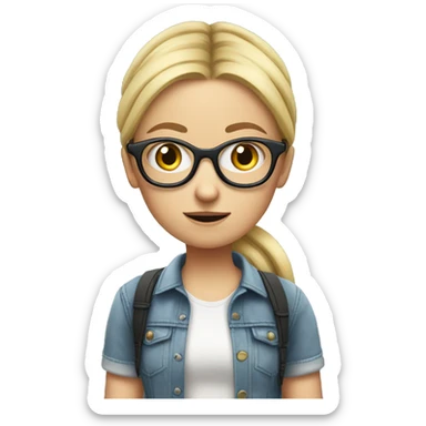 blond and white tall german girl wearing jeans and normal clothes. She wear glasses and her hair with a bun.  She holds a tennis racket and she look scared sticker