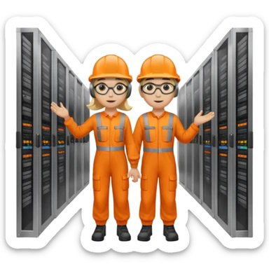 Create a emoji of boy and girl(blond hair) pushing Data center rack servers. They wearing helmet, ear protection, safety glass, orange sticker