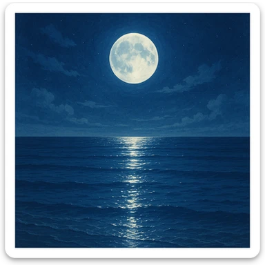 full moon reflecting on tranquil ocean, serene night, shimmering moonlight, general illustration style sticker