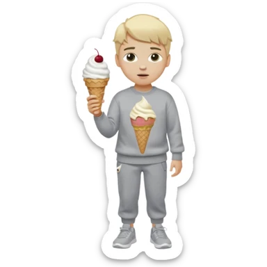 A kid with blonde hair and ice cream hair, Grey ESSENTIALS sweater, gray Nike shoes, Grey pants and he is white. sticker