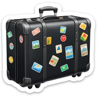 A rolling suitcase with travel stickers and extended handle sticker