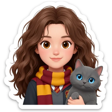 asian ravenclaw girl student with long brown messy wavy hair and brown eyes, holding a gray cat with blue eyes sticker