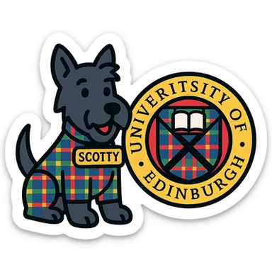 Scotty the Scottish Terrier mascot and the school seal together, both in tartan colors, harmonious composition, modern icon style sticker