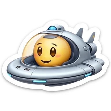 Design a simple, friendly spaceship with a smooth, rounded shape. Add a clear 'face' on the front using glowing lights for eyes and a curved line for a smile, giving it personality. Use a plain background to keep the focus on the ship. sticker