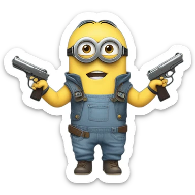 baby minion  in gray pants in a blue sleeveless shirt in a hood and with a collar with two pistols in both hands holds them on both sides raised sticker