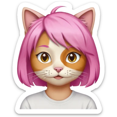 calico cat wear pink hair wig, white T-shirt sticker