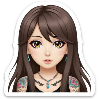 hime gyaru girl, long straight brunette hair, tattoos, dark makeup,  sticker