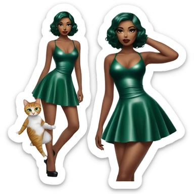 A pin skirt latex dark emerald dress on a female latin goddess with a kitten aura with a short bob a-line  sticker