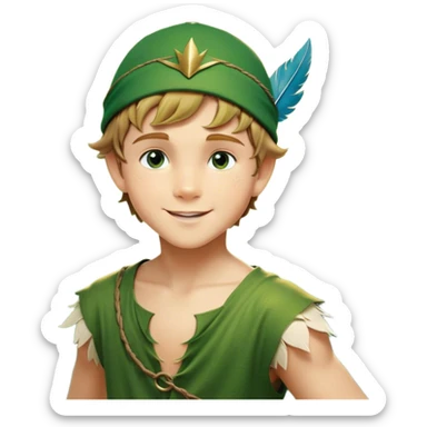 Cinematic Realistic Peter Pan Portrait, depicted with lifelike, youthful skin touched by a gentle sun-kissed glow. His bright, expressive eyes and confident smile evoke a timeless sense of wonder. Dressed in his iconic green tunic and feathered cap, every detail is rendered with soft, natural lighting that highlights his blend of innocence and courageous spirit. sticker