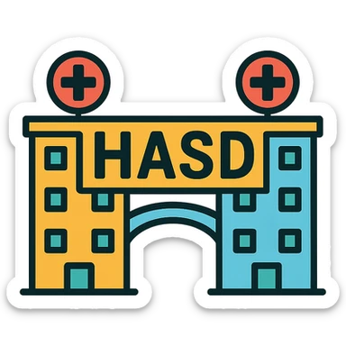 stylized icon of a bridge between two distinct hospital buildings with bold and prominent 'HASD' text standing on the bridge sticker