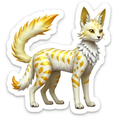 Epic complex fantasy glorious detailed futuristic gloomy sunny, white, albino, pastel, golden, orange glowing sparkly, realistic Fakémon-Sprigatito-Floragato-Meowscarada-Trico-Sergal-Serval-Solgaleo-Vernid-creature (full body) solarpunk, shiny sparkly, iridescent sticker