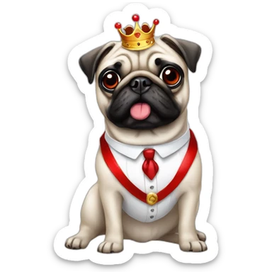 A dog (pug) with a crown in a white suit and a red bow an black braces sticker