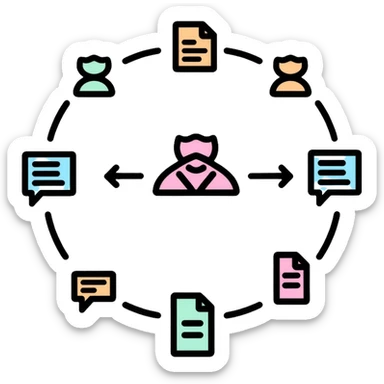 Management system with feedback loops, circular arrows connecting documents and people, business process with data flowing back sticker