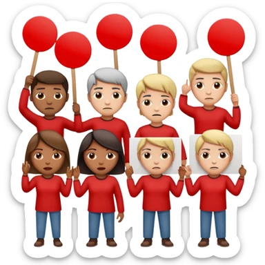 a crowd of people with unhappy faces and holding placards on which everything is crossed out in red sticker