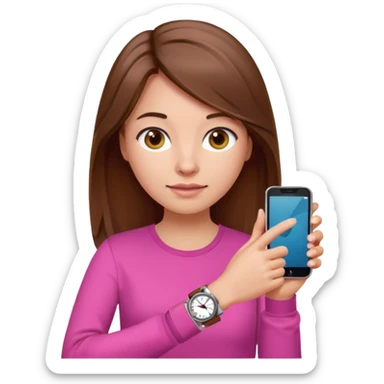 woman wearing a pink long sleeve shirt, loose hair, wearing a watch on the arm, holding a cellphone in hand, apple emoji style sticker
