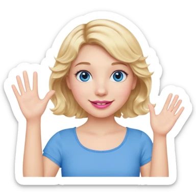 Girl Blonde short wavy hair,  blue eyes, cute blue top, long lashes, pink lips, smiling, waving hello  sticker