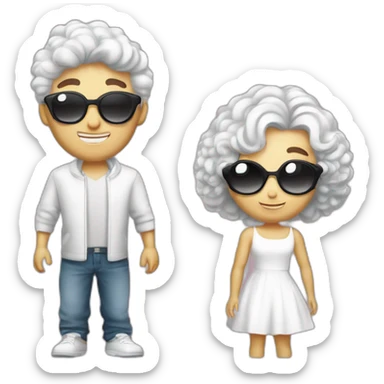 Garçon blanc cheveux bouclés châtains avec fille blanche cheveux long bruns ondulés et lunettes couple sticker