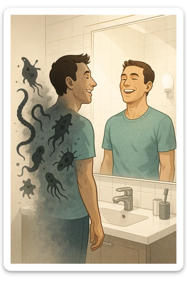 a man stands in a brightly lit bathroom, looking relieved and revitalized as he examines his reflection in the mirror. In the foreground, stylized, shadowy images of parasites (such as worms or protozoa) are shown leaving his body, dissolving into mist or fading away. His posture is upright and his expression is one of newfound energy and health. sticker